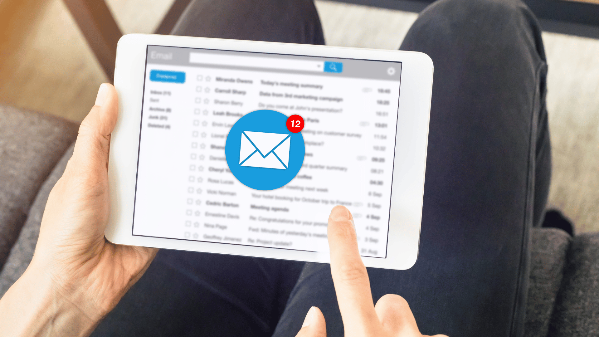 Examples to Get Started Person using a tablet to check emails with an email notification icon showing 12 unread messages.