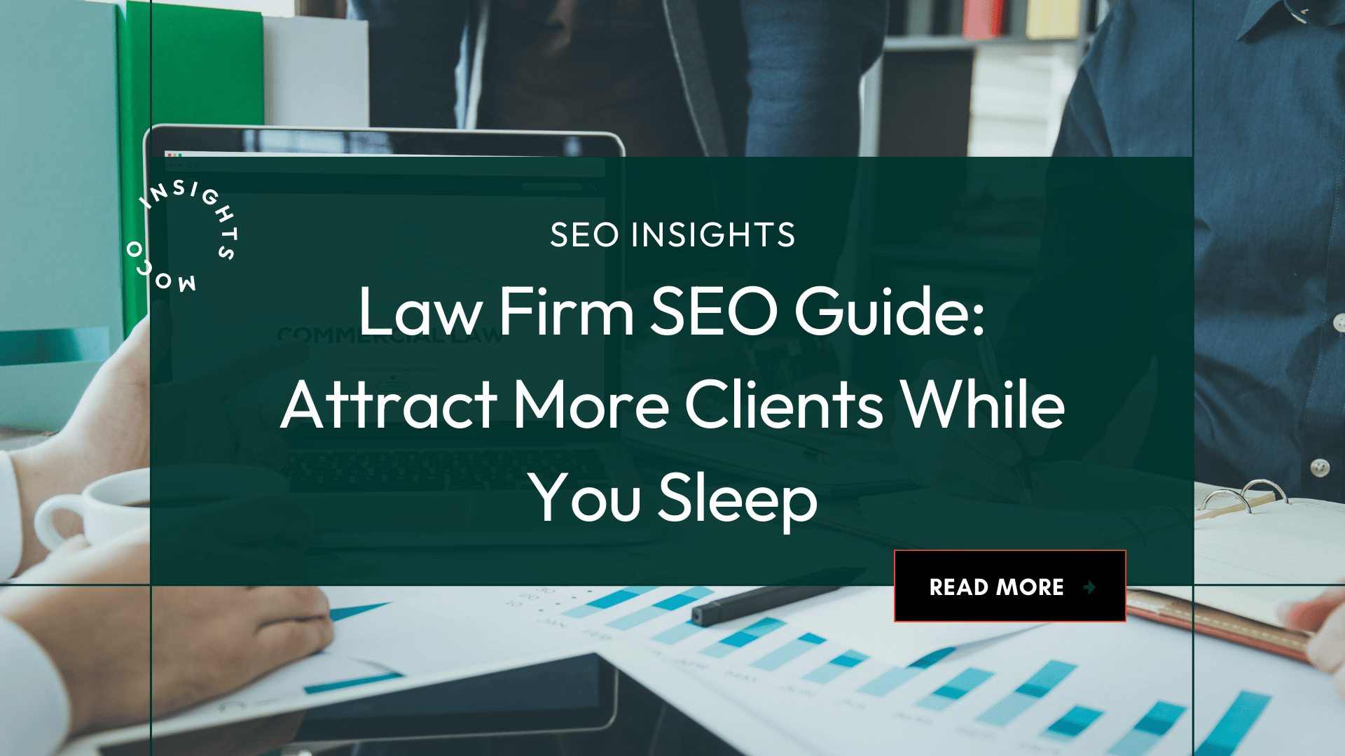 Lawyers reviewing charts and a laptop displaying a law firm's website, symbolizing SEO marketing for law firms focused on attracting clients online.